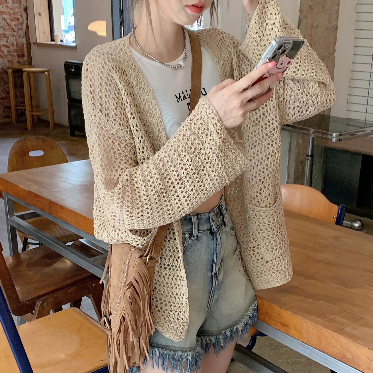 

Khaki Hollow out Knitted Shawl Cardigan Women's Thin Top with Strap Skirt Air Conditioning Loose Fit Long Sleeve No Collar
