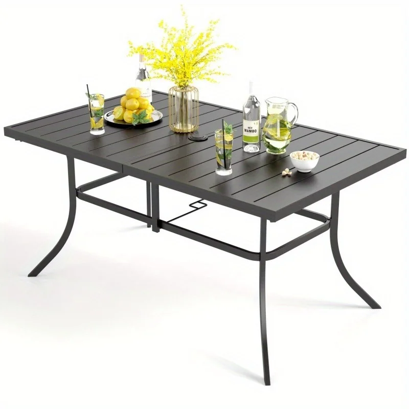 Mesa de comedor para Patio con orificio para sombrilla, mesa rectangular para exteriores para 6 personas, mesa rectangular de Metal resistente a la intemperie para Patio