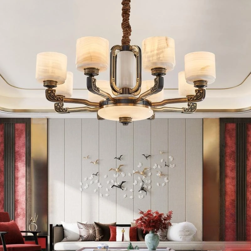 Lampu Jade baru bergaya Cina untuk ruang tamu, lampu utama berbahan tembaga penuh, berkesan mewah