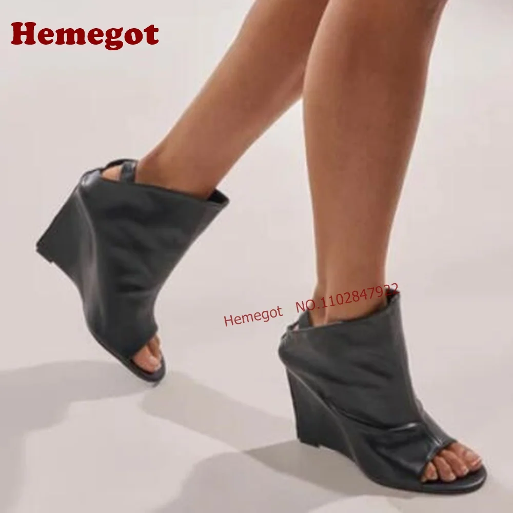 Rose Red Leather Wedge Ankle Boots Peep Toe Slip-On Wedges Heels Women's Boots Street-Style Runway Minimalist Fashion Show Shoes