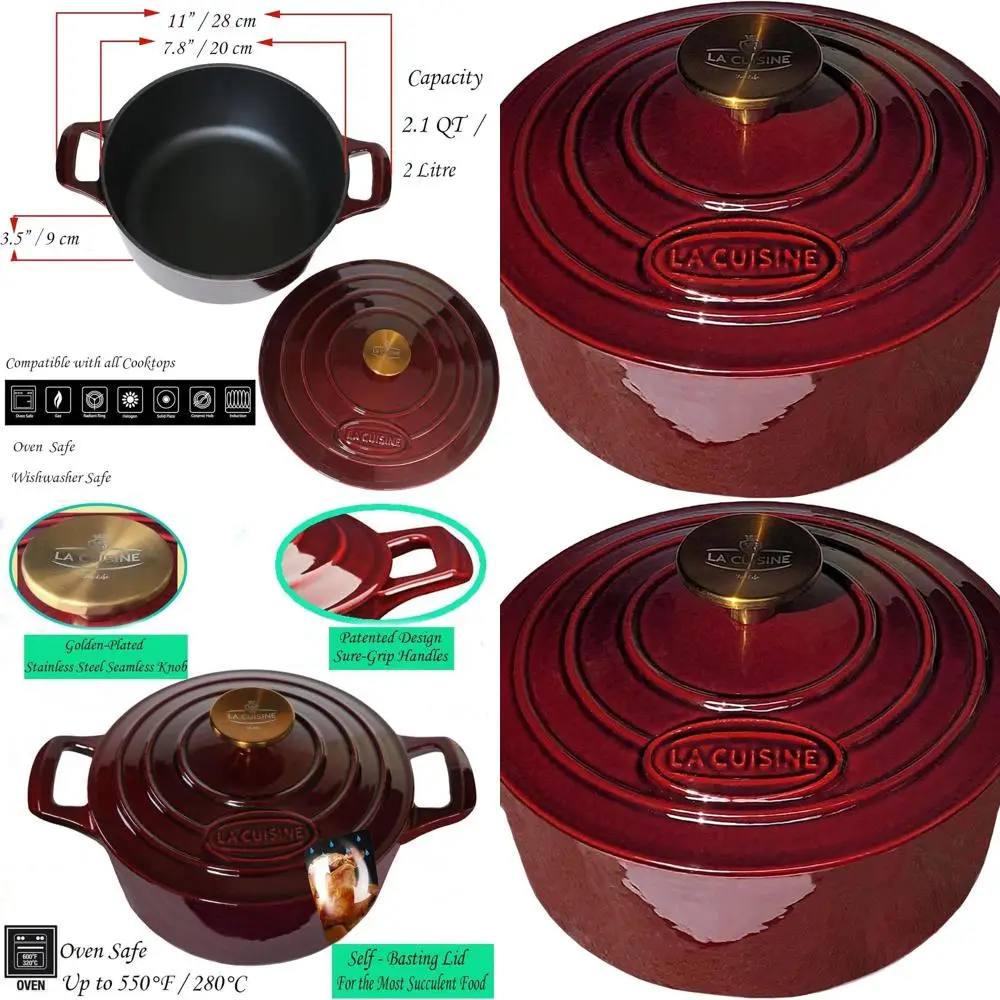 

Enameled Cast Iron Dutch Oven Casserole, 2.1 QT, 7.9 Diameter, Matte Black Interior, Gold Lid Handle, Oven Safe to 500°F, Cranbe