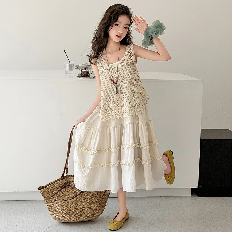 

2026 Summer Girls' New Bohemian Style Dress Children's Two Piece Strap Skirt Beach Vacation Princess Skirt