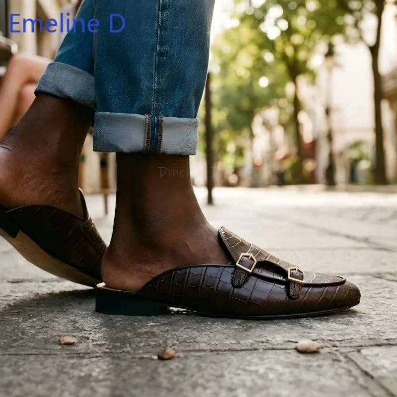 Shiny Croc Textured Loafer Mules Double Adjustable Metal Buckle Bands Slim Low Flat Base Urban Commute Leisure Closed Toe Shoes