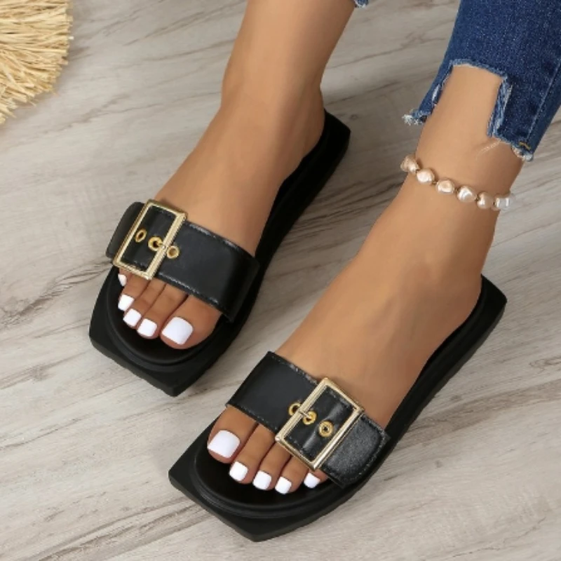 Female Shoes on Sale 2024 Open Toe Women\'s Slippers Summer Roman Buckle Solid Flat Outdoor Casual Beach Large Size Slippers