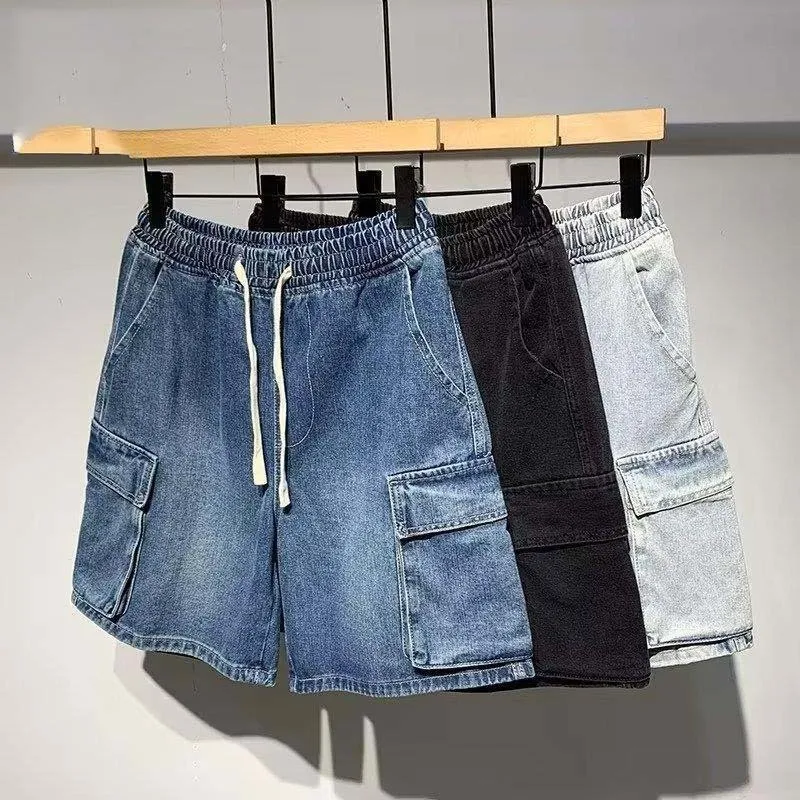 Men's Elastic Waist Denim Shorts Summer Casual Loose Hip Hop Jeans Short Pants