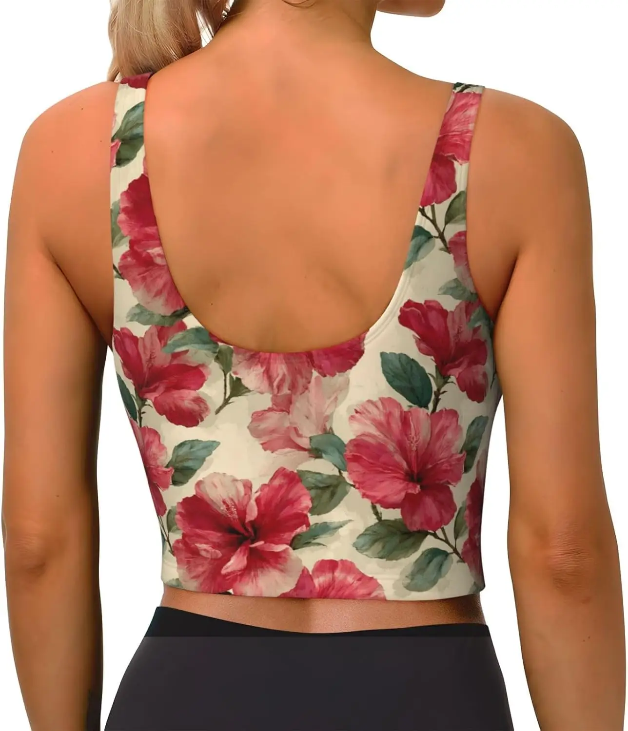 Reggiseni sportivi da donna in stile Hawaii con fiore di ibisco rosso, top corto da allenamento per yoga con cuscinetti incorporati