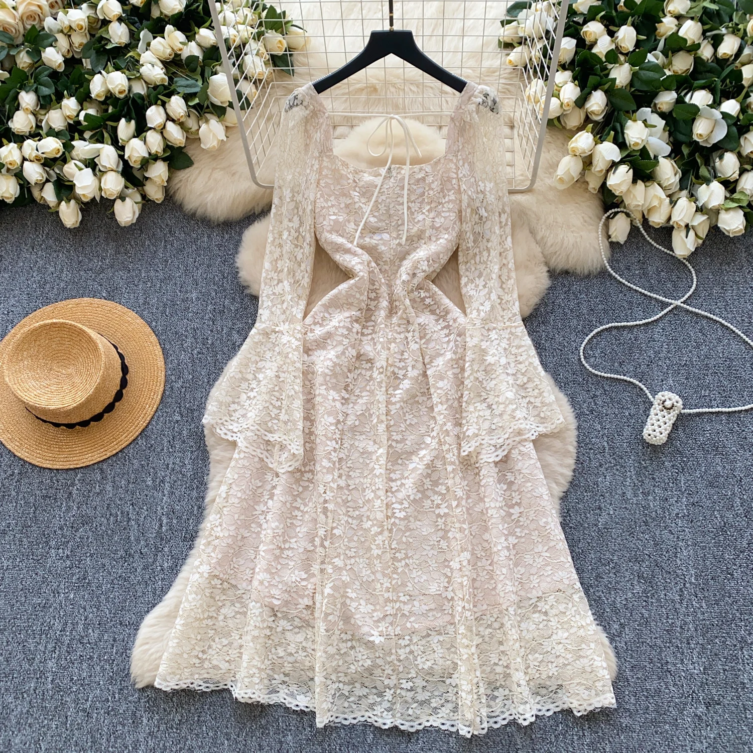 セクシーでシックな長袖スクエアネック花柄ドレスイブニングパーティーファッション秋ドレス女性服