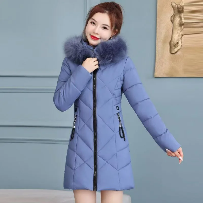 Veste longue rembourrée en coton pour femme, manteau chaud en velours, grand col en fourrure, mode hiver 2024