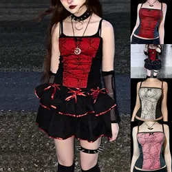 Vintage Gothic Cami Tops Women Mesh Spider Net Lace Tank Tops Female Summer Sexy Club Crop Tops Shirt