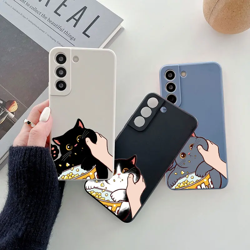 Black Cat Snacking Cartoon Luxury Liquid Silicone Case For Samsung Galaxy S23 S22 Ultra Plus S21 S20 FE S9 S10 S23 Phone Cover