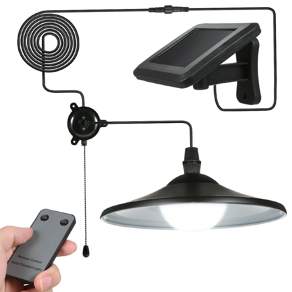 Solar Pendant Light 2 Control Modes 8 LED Solar Shed Light with Remote Control and Pull Cord Switch for Indoor Outdoor