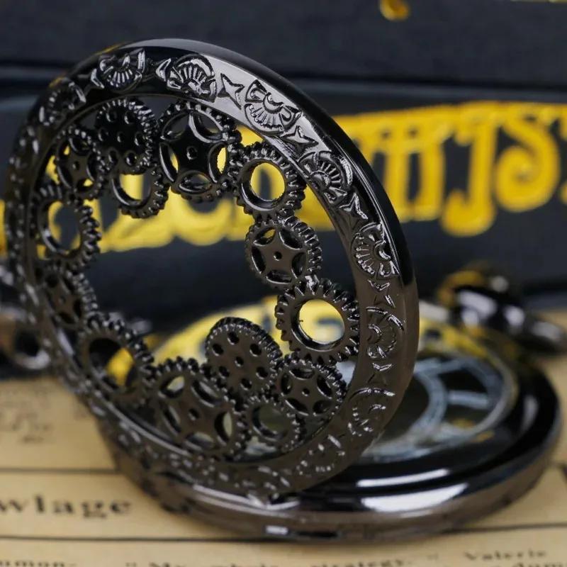 ساعة جيب كوارتز سوداء Steampunk مع سلسلة مجوفة لتزيين المعدات وقلادة كلاسيكية على مدار الساعة هدية مجوهرات للرجال والنساء