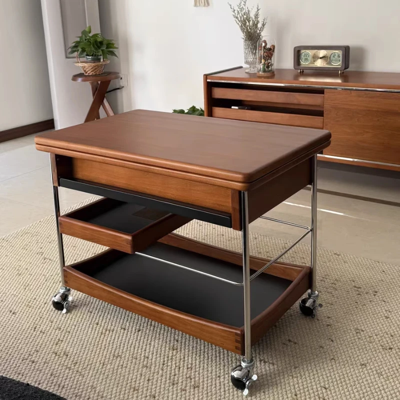 

Retro solid wood coffee table household living room trolley medium antique small apartment movable