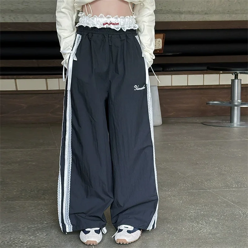 

Girls Bowtie Pants Kids Lace Splicing Work Pants Spring New Sweet Trousers Autumn Children's Casual Loose Sweatpants 3-14 Years