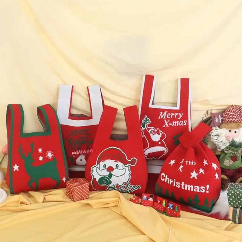 أكياس تخزين عيد الميلاد عقدة حقيبة يد المعصم سانتا كلوز ثلج الأيائل متماسكة حقائب اليد عادية حمل حقيبة أكياس التسوق القابلة لإعادة الاستخدام