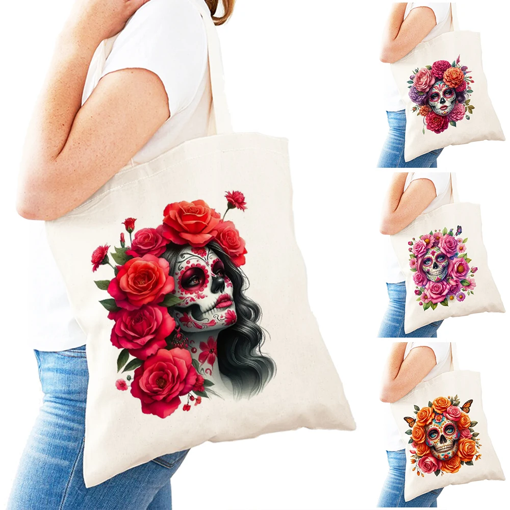 

Red Rose Skull Lady Shopper Bags Colorful Floral Women Daily Use Shoulder Handbag Double Print Pastel Flower Girl Shopping Bag