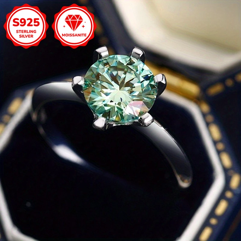

1pc 1/2/3/5/10 CARAT Green Moissanite Ring 925 Sterling Silver Engagement Wedding 6 Prongs Ring for Female, Suitable for Banquet