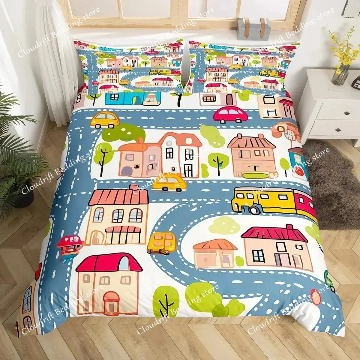 

Rustic Suburb Duvet Cover Countryside House Tree Hand Graffiti Bedding Set Nature Scenery Comforter Cover Blue River Quilt Cover