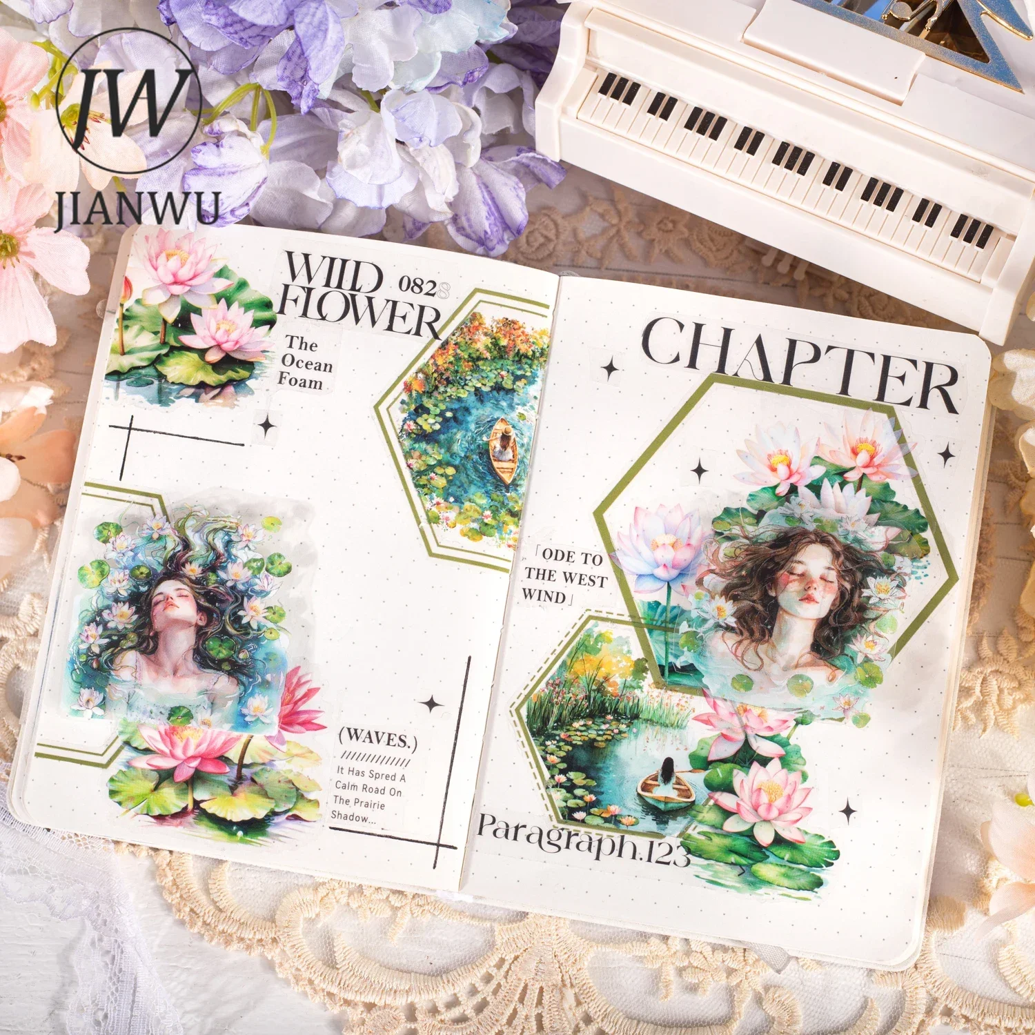 JIANWU 60mm*200cm 꽃 바다 표류 시리즈 빈티지 캐릭터 풍경 재료 콜라주 PET 테이프 크리 에이 티브 저널 편지지