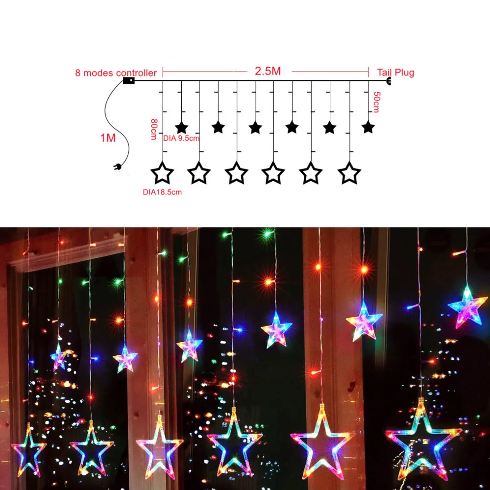 LED Star Curtain String Lights 8 Flashing Modes Window Garland Fairy Lights Party Wedding New Year Christmas Home Decoration