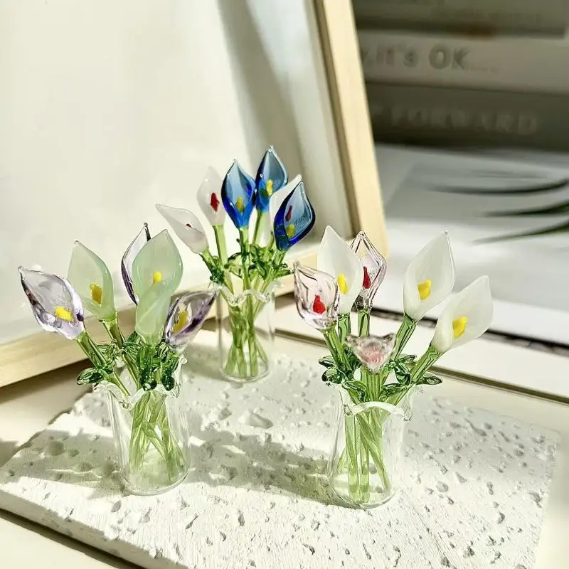 /KQM/Handcrafted Glass Callalily With Stem Hand-Blown Mini Glass Flower Figurine Decoration Home Colorful Floral Ornament