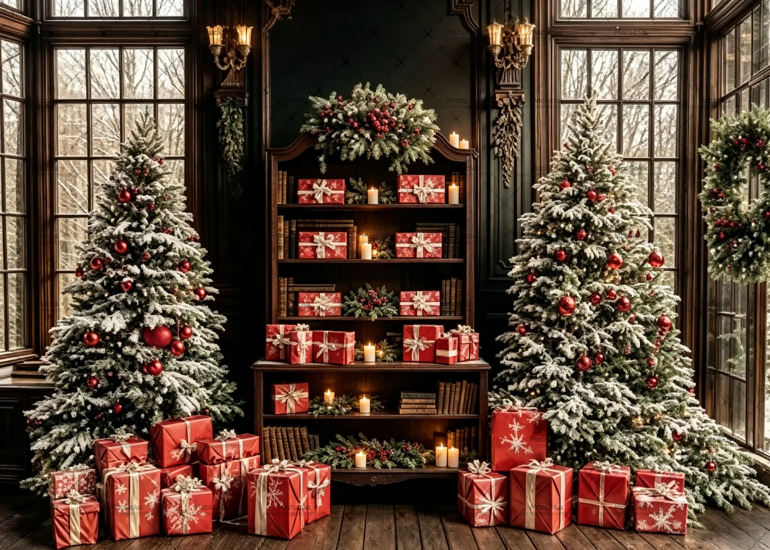 Vintage Christmas Fireplace Photography Backdrop Large Window Snow‑flocked Xmas Tree Red Gift Boxes Candle Garland Background