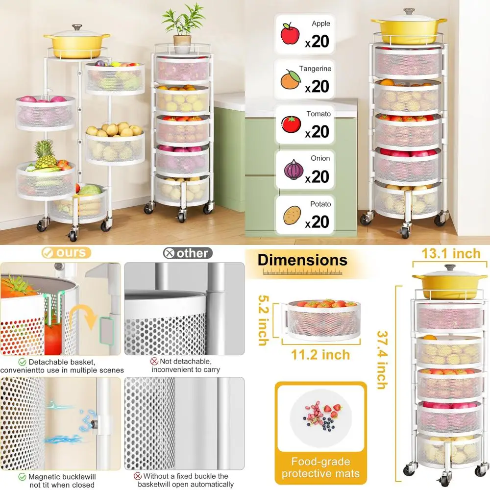 

5-уровневая вращающаяся тележка для хранения фруктов и овощей с металлической крышкой для кухни, идеально подходит для картофеля, лука, бананов и многого другого