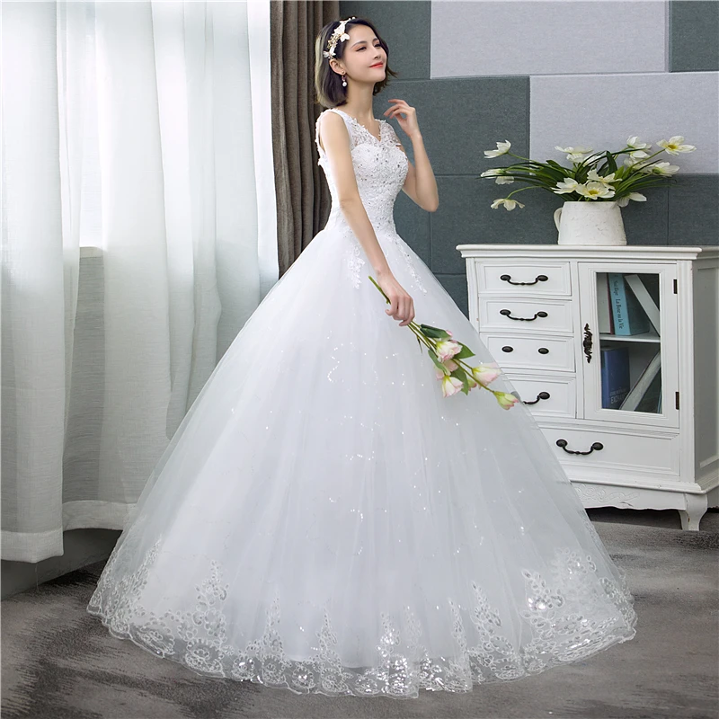 

Cheap Korean Style V-Neck Lace Tank Sleeveless Floral Print Ball Gown Wedding Dress 2022 New Fashion Simple estidos de noivas CC