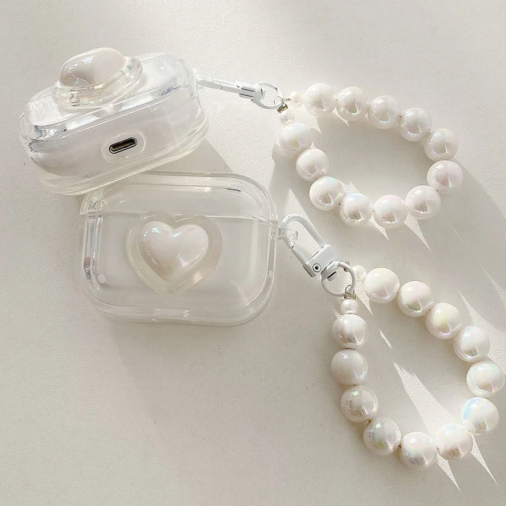 Simple Laser Pearl Heart Earphone Case for AirPods 2 Pro 3 Generation Headset Charging Box Protect Cover for Air Pods Keychain