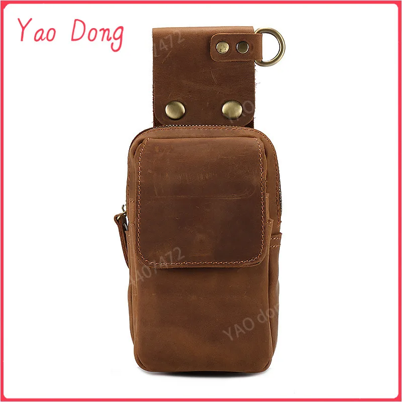 Yao Dong Men's waist bag leather men's phone pouch retro male small fanny pack top layer crazy horse leather 6.5