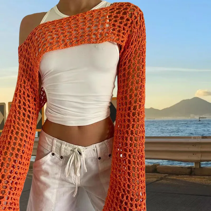 New European and American Women\'s Sexy Hollowed out Knitted Sweater with Round Neck and Long Sleeves