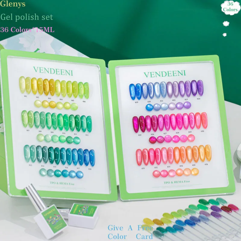 Set de esmalte de uñas gel serie ojo de gato Glenys de 36 colores, color popular neto rojo, gel de remojo, tarjeta de combinación de colores, juego de barniz UV LED 2