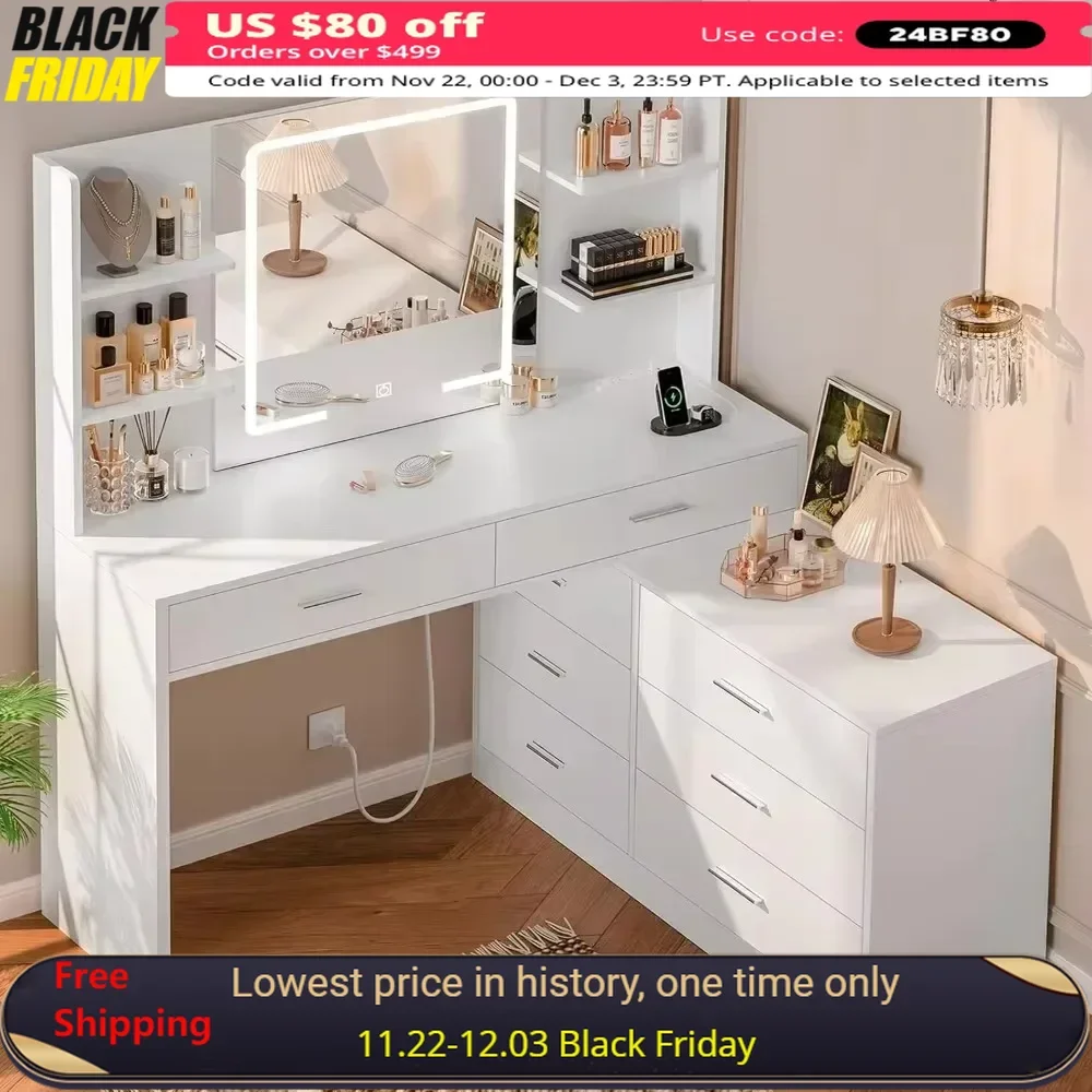 65.9 '' Modern Corner Makeup Dressing Table, Dressing Table with Storage Space, Dressing Table with Mirror and Lighting