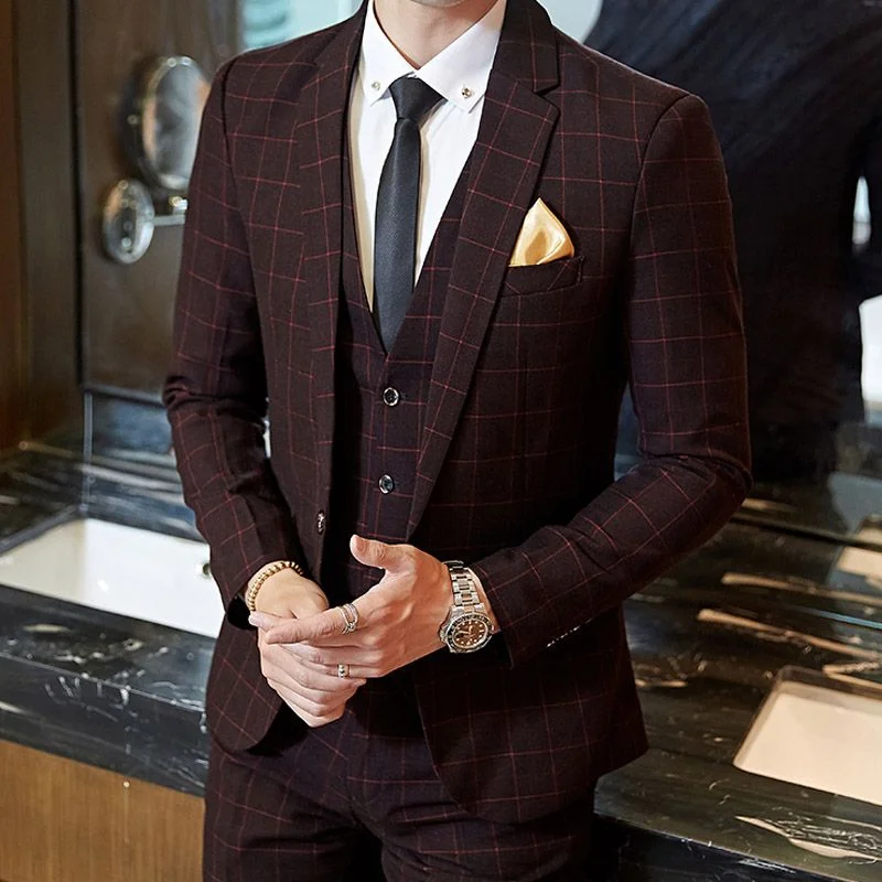 

Костюм молодежный клетчатый плотный свадебный костюм жениха деловая официальная одежда