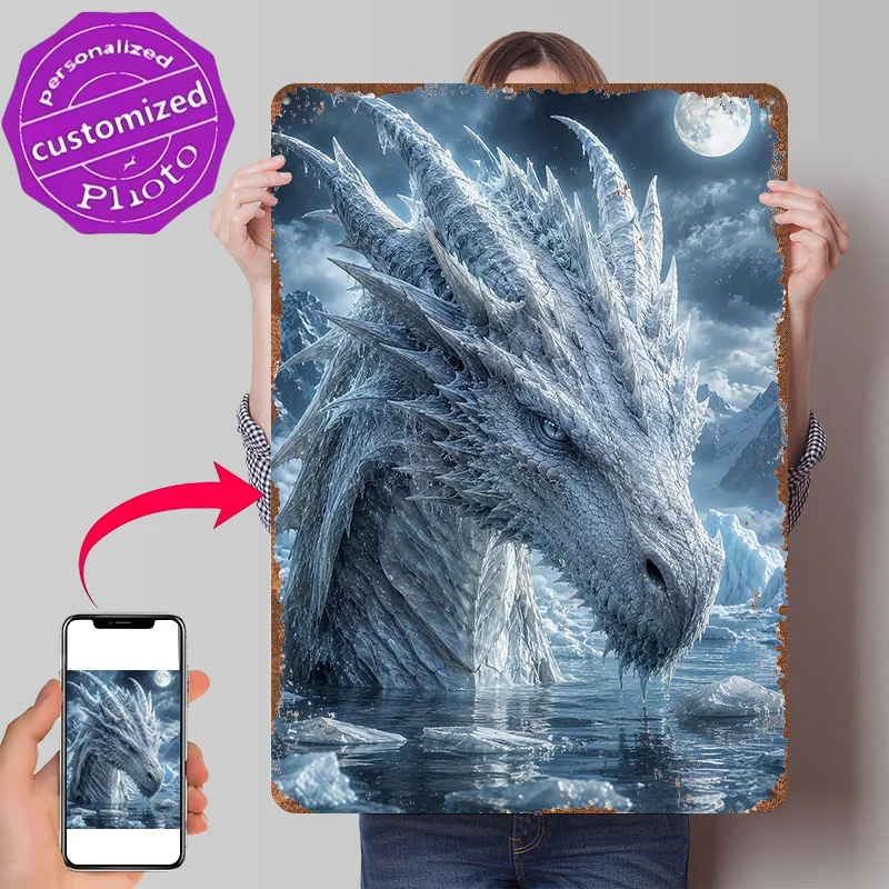 Ice Dragon in a Frozen Landscape 3D Printed Texture Poster Personalized Wall Art Retro Metal Tin Signs for Luxury Home Decor