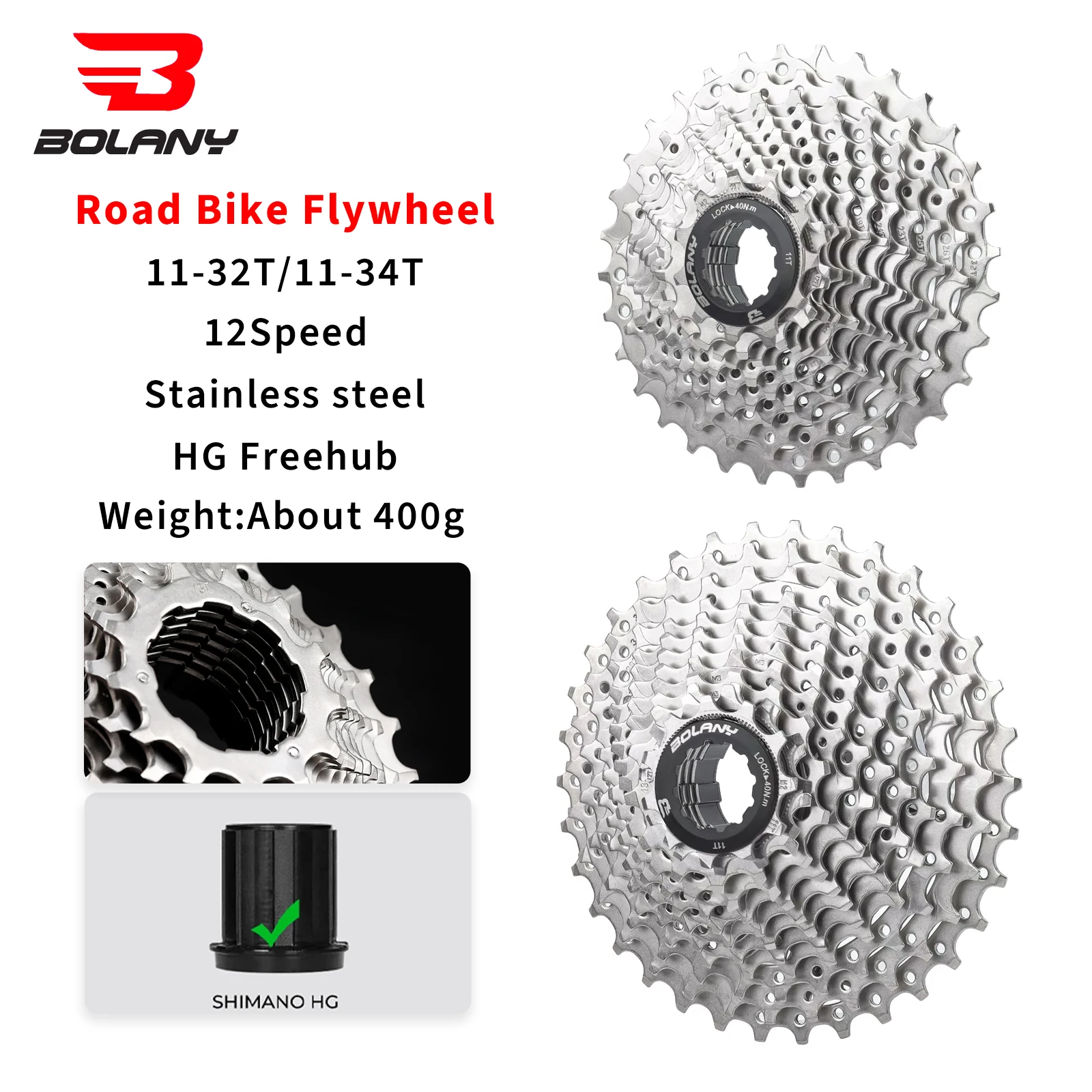 

Кассета для 12-скоростного шоссейного велосипеда Bolany, 11-32T/11-34T, совместимая с ступицей HG, среднеуглеродистая сталь, серебристая с черной крышкой
