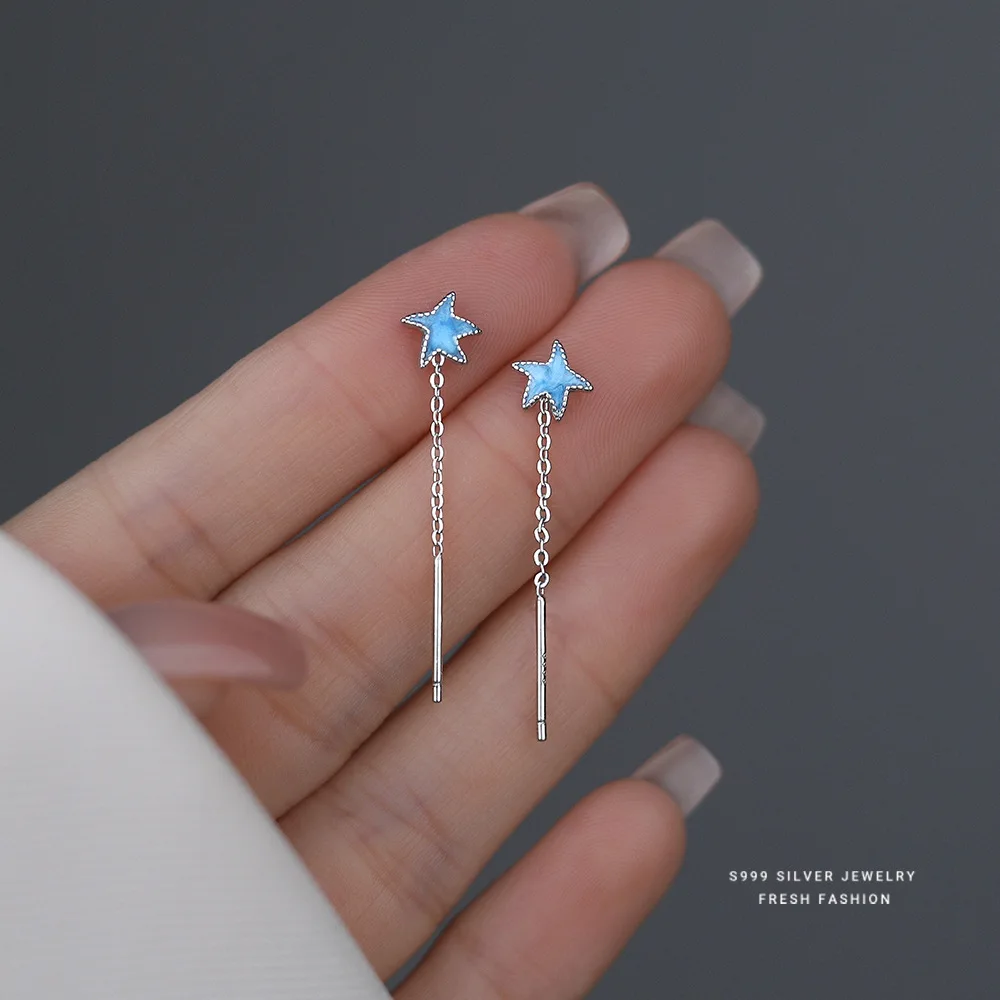

S999 Sterling Silver Blue Small Starfish Ear Line Women's Long Style Fashionable Versatile Vacation Style Earrings