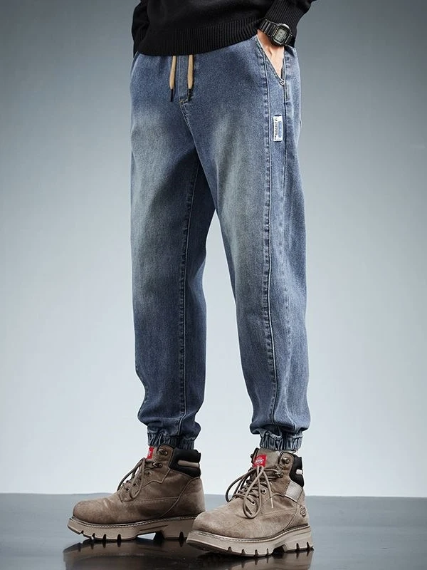 

Мужские джинсы в стиле ретро, весенне-осенние, повседневные, с эластичной талией, длинные брюки-харлан с манжетами, летние, модные