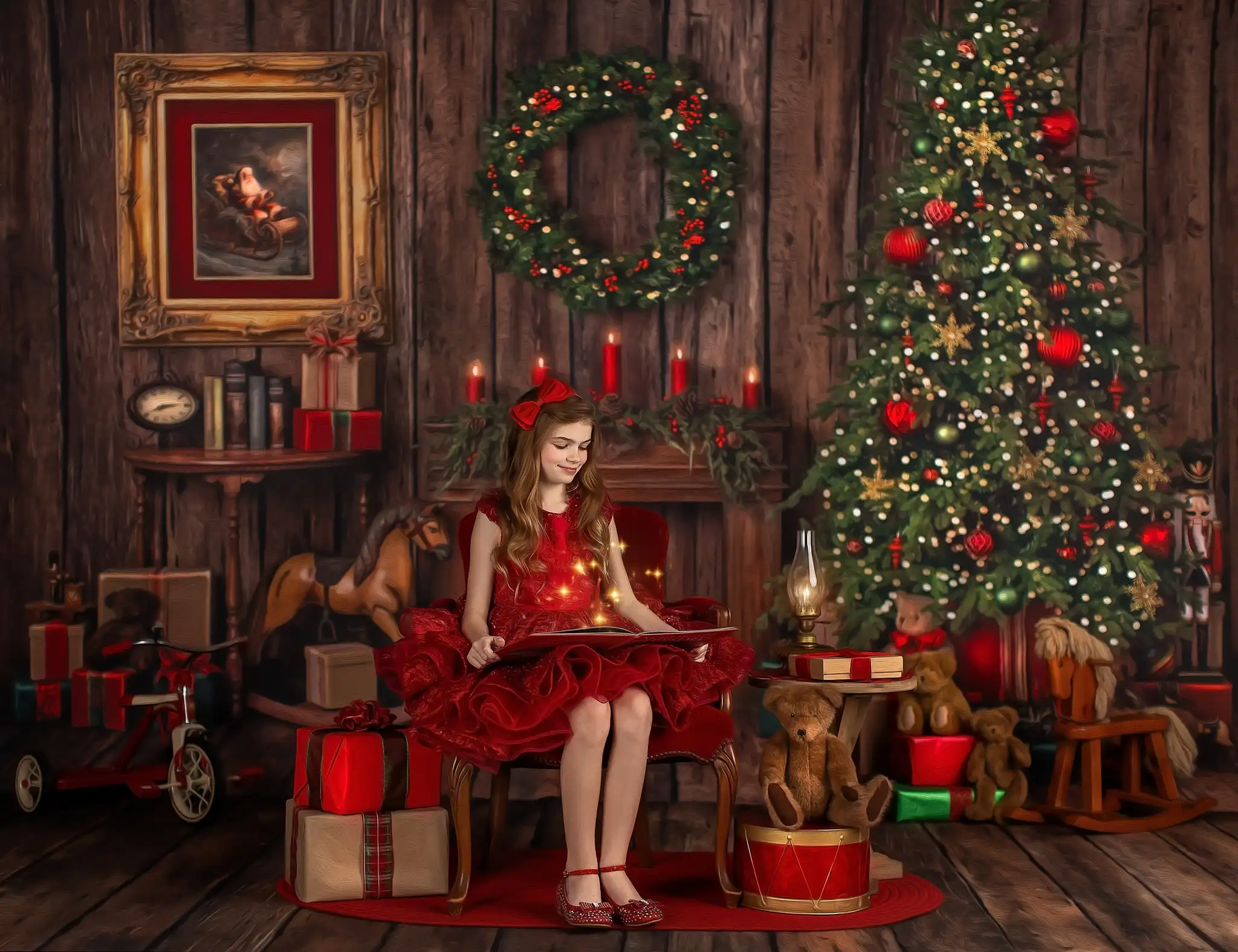 Classic Christmas Eve View Backdrops Family Adult Photography Props Child Kids Photo Wooden House Fireplace Backgrounds