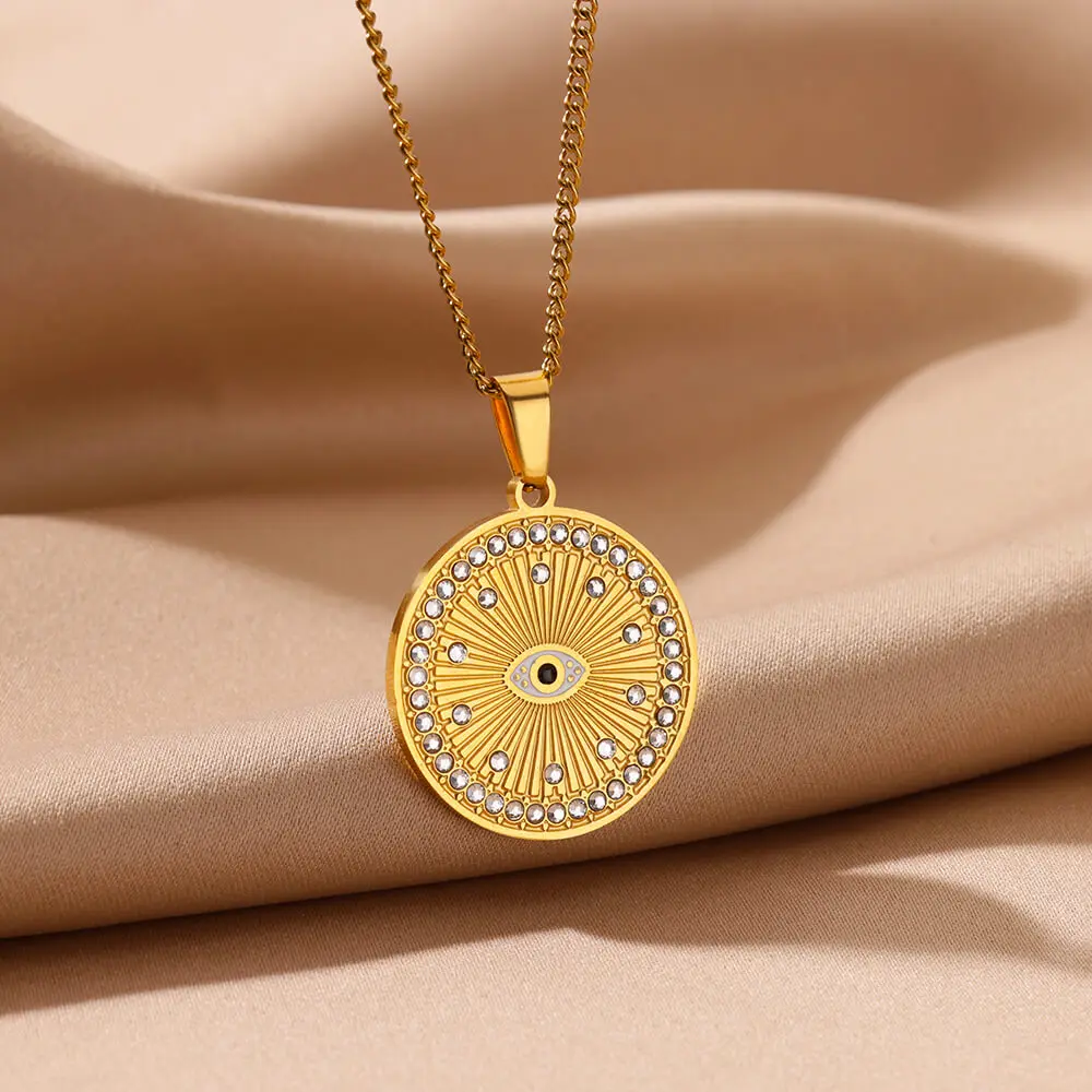 Zricon Round Evil Eye Necklaces For Women Gold Color Stainless Steel Geometric Pendant Choker Wedding Fashion Jewelry Gift BFF