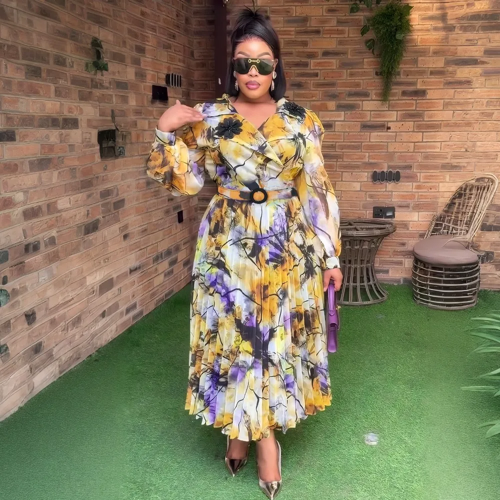 2025 nueva moda Dashiki con cinturón Maxi vestido de fiesta de cena estampado Vintage Vestidos casuales bata mujer africana vestido de verano turco