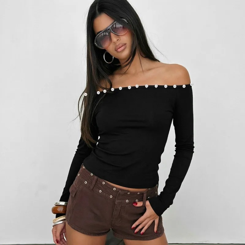 Sexy Knitted Long Sleeve One Shoulder Button up Women's Top J26TP352 Cross-Border Style Fashionable Slim Fit Pure Color T-Shirt