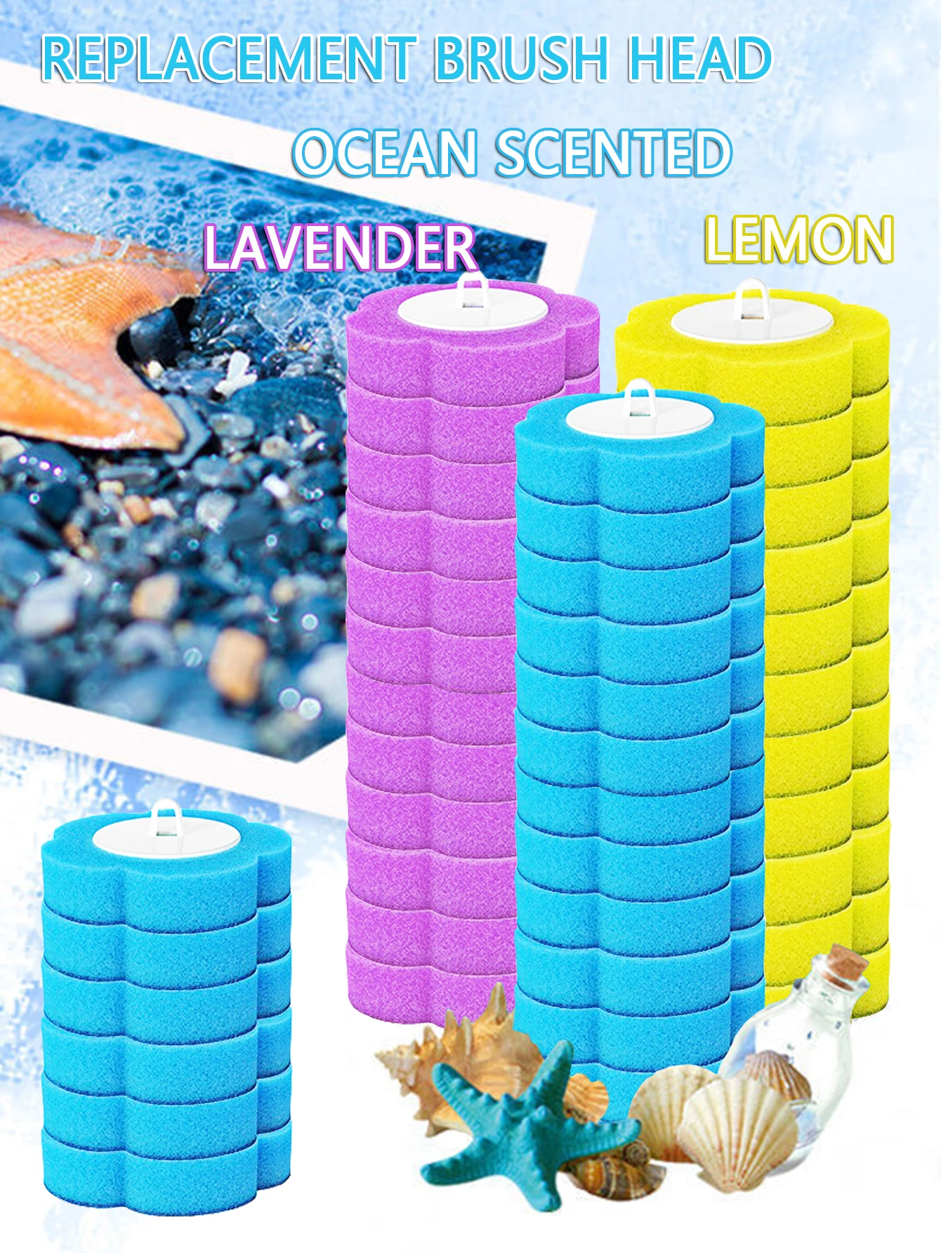 Disposable Toilet Brush Heads Pack Of 3: Yellow (Lemon Scent), Blue (Ocean Scent), Purple (Lavender Scent)