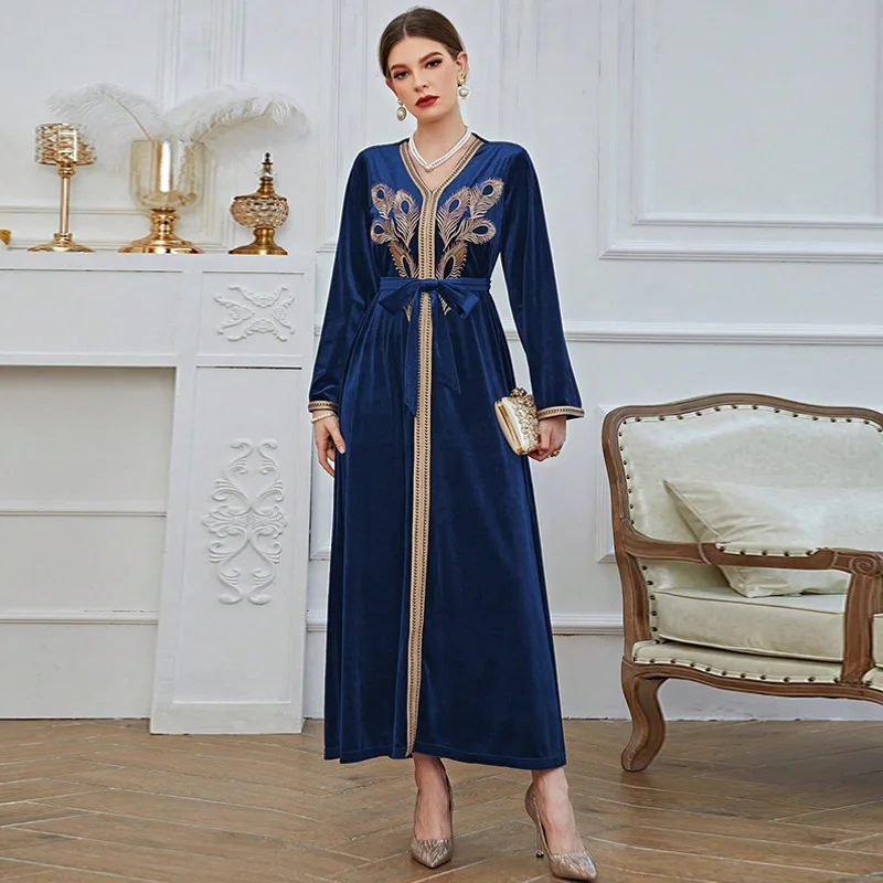 

Dubai Middle East Turkey Fashion Autumn and Winter Decal Elegant V-neck Robe Dress Fashion Simple Temperament Elegant Holiday St