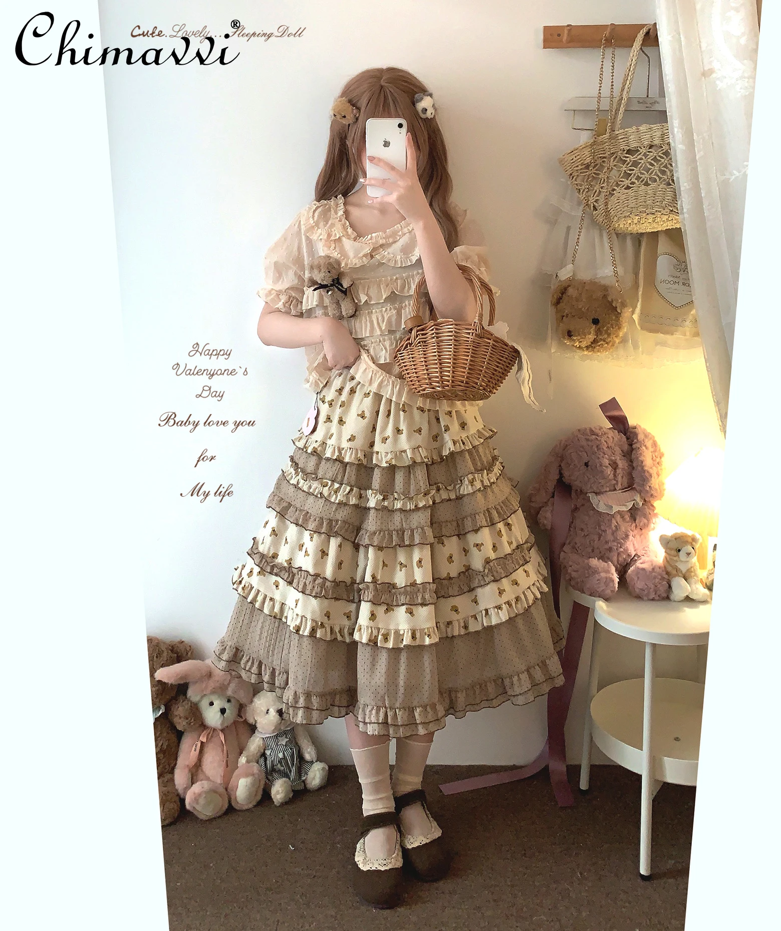 New Japanese Sweet Lolita Skirt Women Kawaii Bear Print Ruffles Party Cake Skirts Y2k Female Elegant Mid-length Cotton Skirt