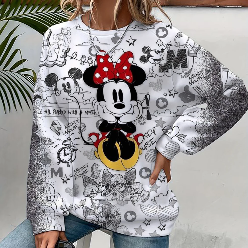 Women's Mickey Mouse Printed Sweatshirt, High Street Women's Hoodie, Y2K Pattern Clothing, Casual Round Neck Sweater