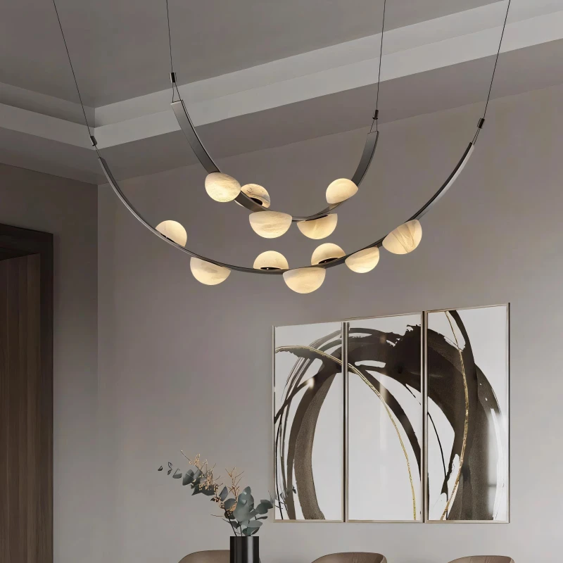 

Chinese style modern living room chandelier, new Chinese style all copper dining room double-layer villa zen marble lamp