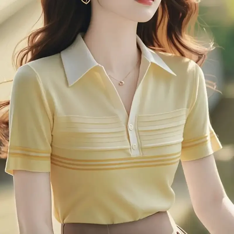 

Korean Ice Silk Polo Shirt Women's Summer Stripe Contrast Super Beautiful Yellow Knitted T-shirt Looks Thin All Match Top