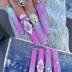 Long Press on Nails Coffin Glitter French Tip Nails Rainbow Ombre False Nails with Camellia Rhinestones Press ons Acrylic Nails