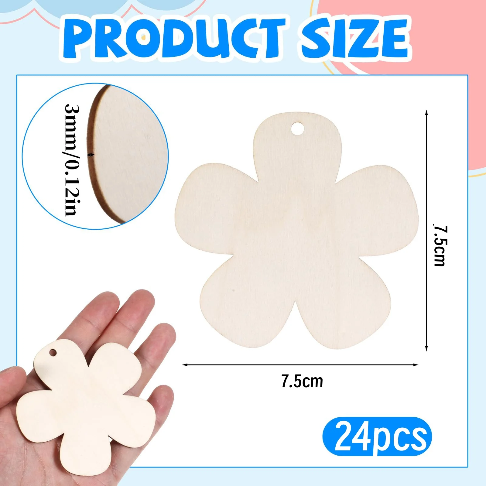 24 Pieces Unfinished Wooden Flower Ornaments with Rope for Painting DIY Project Decoration Home Craft Hanging Decoration ﻿
